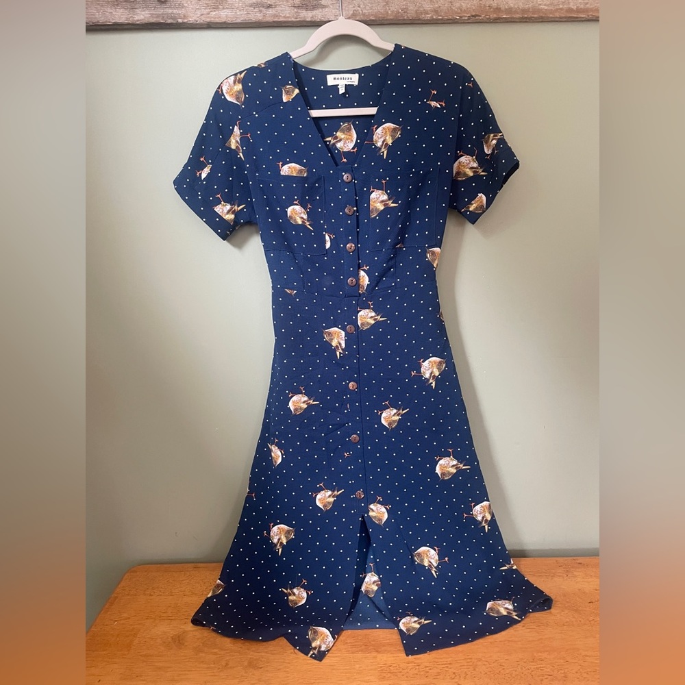 Navy blue button up dress- songbird print